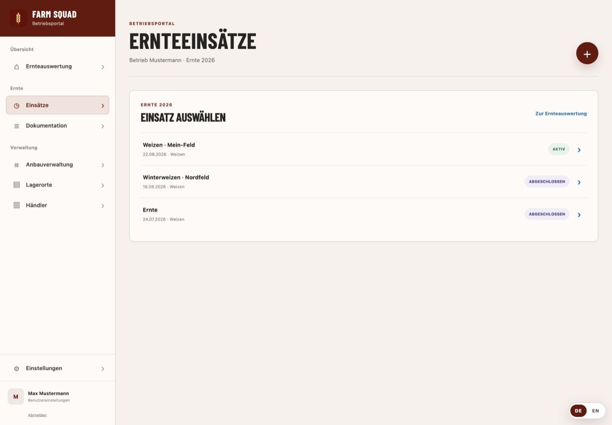 FarmSquad Betriebsportal: Ernteeinsätze