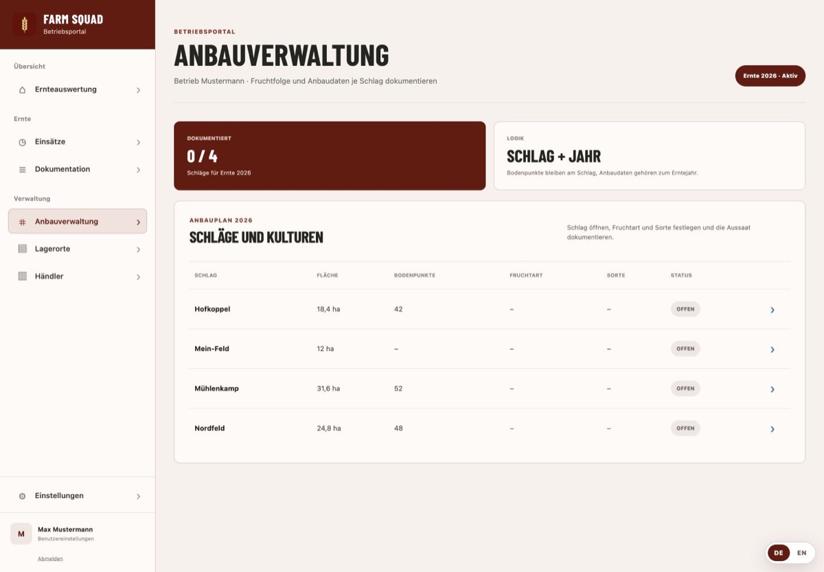 FarmSquad Betriebsportal: Anbauverwaltung
