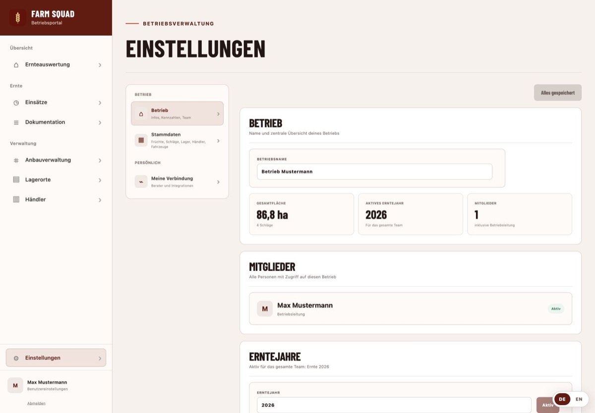 FarmSquad Betriebsportal: Einstellungen