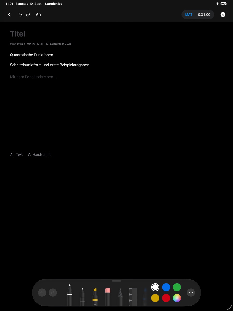Unterrichtsnotiz in Stundenlot auf dem iPad mit Text und geöffneter Pencil-Werkzeugleiste