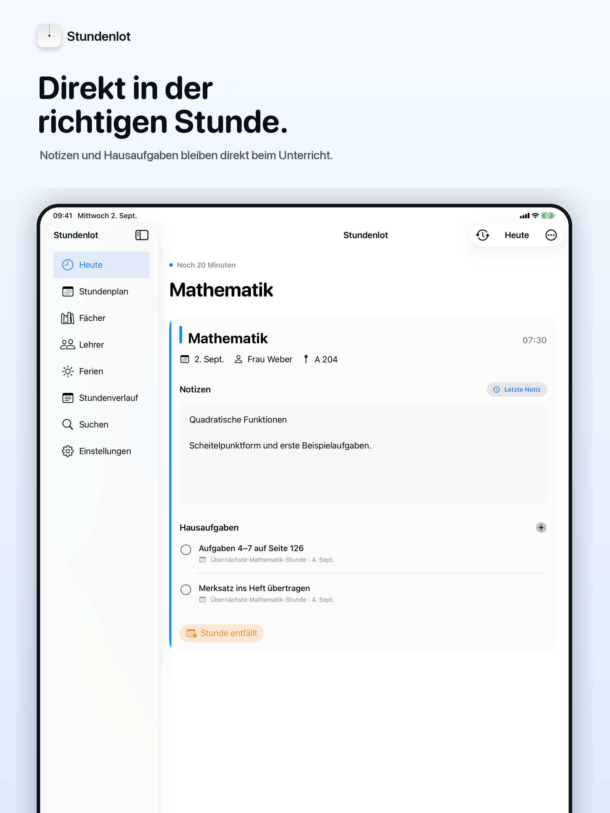 Stundenlot auf dem iPad: Direkt in der richtigen Stunde.