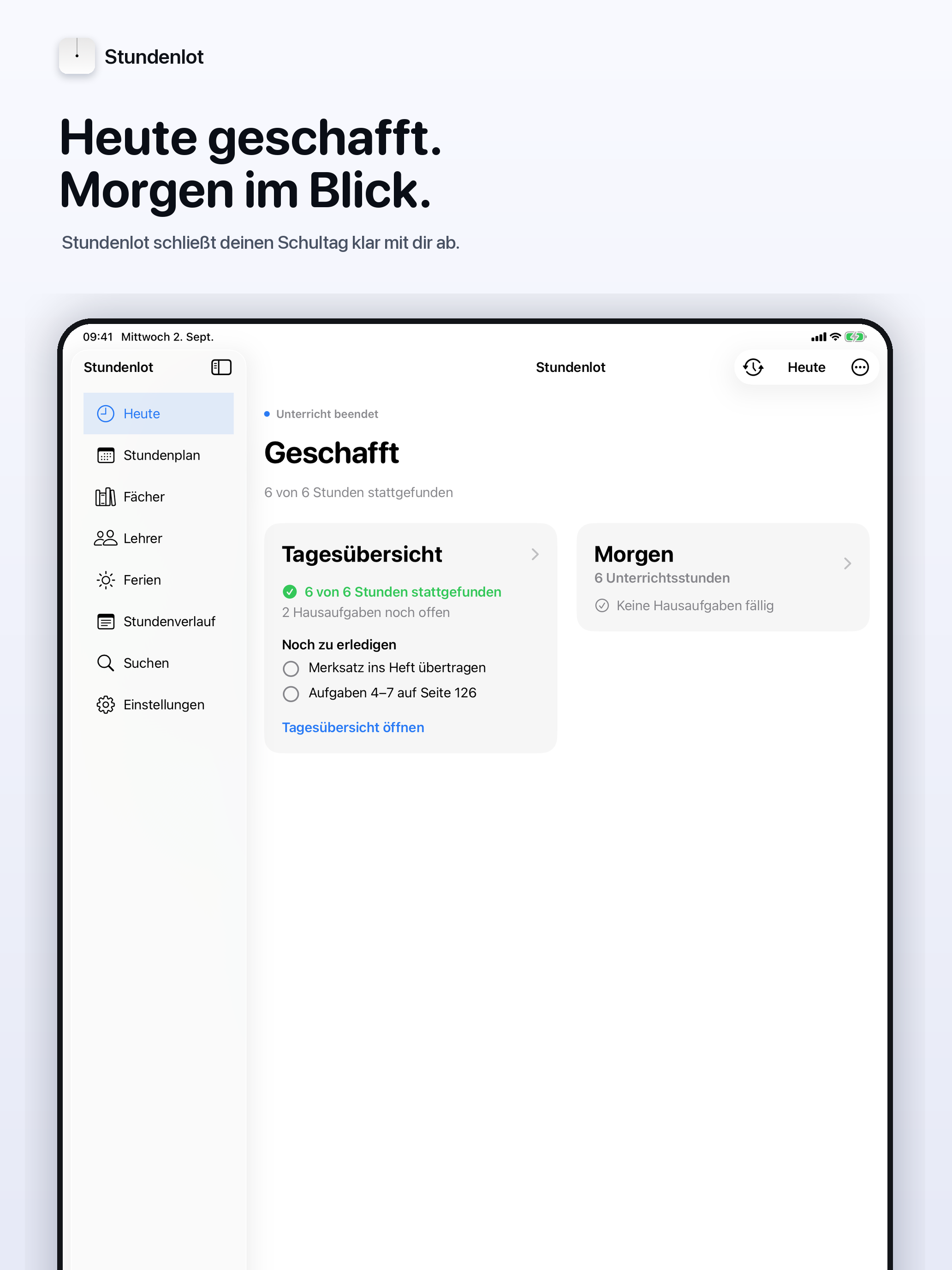 Stundenlot auf dem iPad: Heute geschafft. Morgen im Blick.