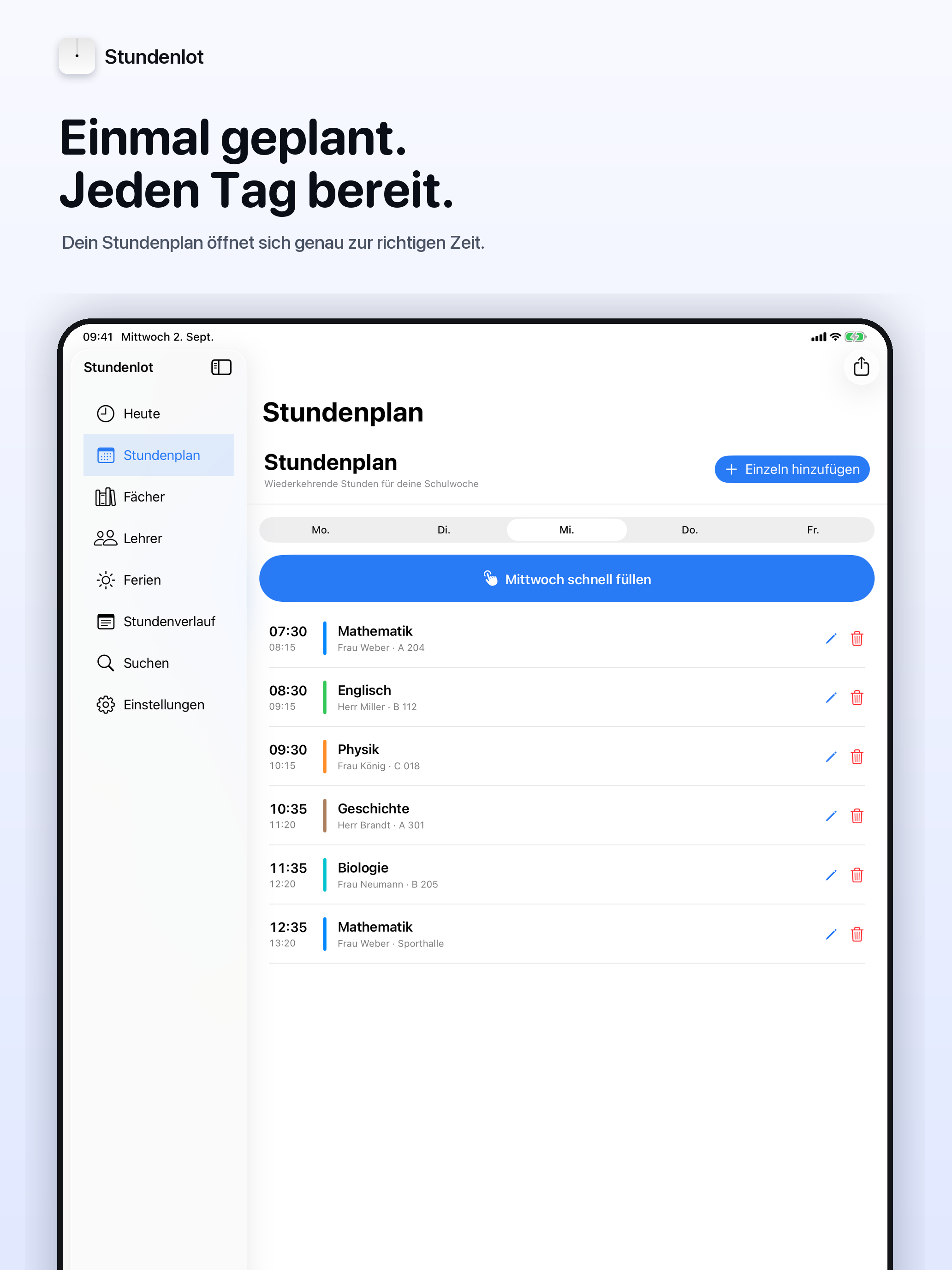 Stundenlot auf dem iPad: Einmal geplant. Jeden Tag bereit.