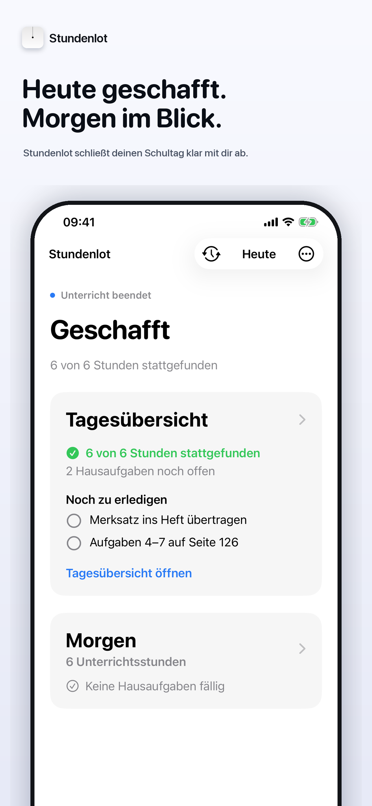 Stundenlot auf dem iPhone: Heute geschafft. Morgen im Blick.
